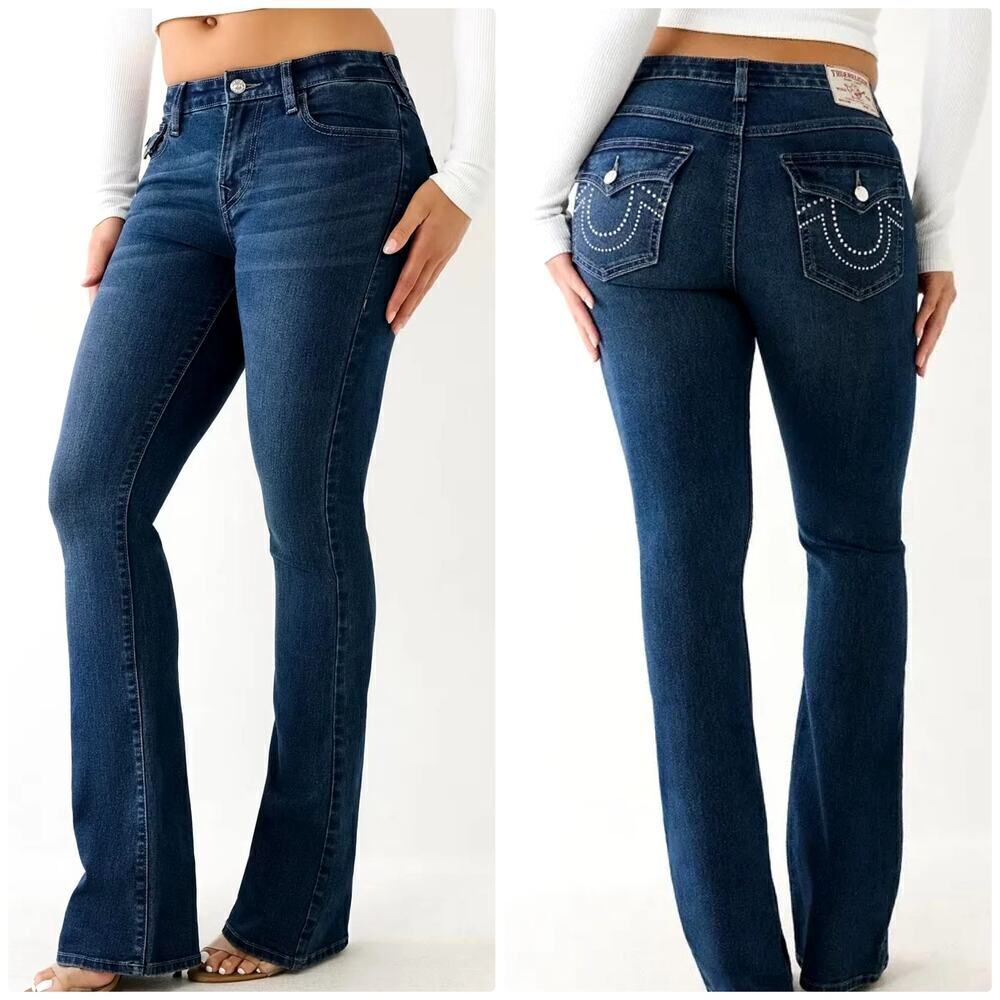 True Religion Jeans Womens 31 Becca Mid Rise Bootcut Crystal Flap Dark Glacial